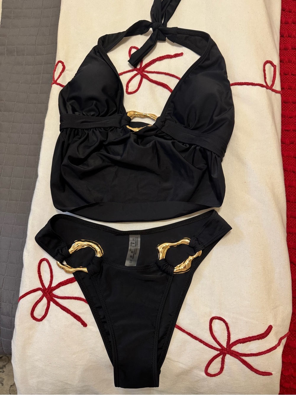 Black Halter Bikini Set with Gold Ring Accents